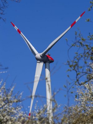 Das Bild zeigt die Flügel einer Windkraftanlage über Büschen gegen blauen Himmel.