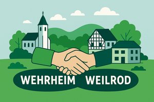 Die Grafik zeigt zwei Hände, die sich schütteln, links eine Kirche aus Wehrheim und rechts zwei Gebäude aus Weilrod. Darunter stehen die Ortsnamen.