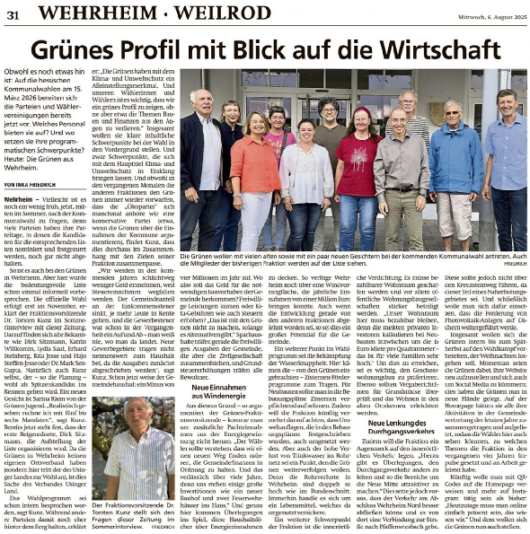 Interview mit dem Vorsitzenden der Wehrheim Grünen, Dr. Torsten Kunz in der Taunus Zeitung und dem Usinger Anzeiger zur Kommunalwahl 2026.