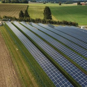 Das Bild zeigt eine Photovotaikanlagen auf einem gleichzeitig landwirtschaftlich genutzten Grünland.